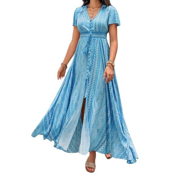 Casual Boho Short Sleeve A-Line Button Front Maxi Dress, Size Medium, Vacation - Picture 1 of 12